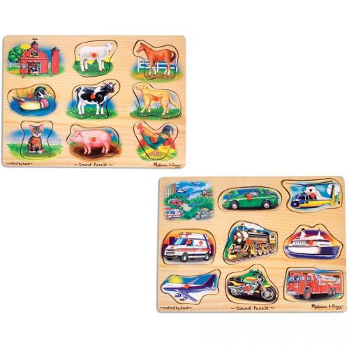  Melissa & Doug Sound Puzzles Set: Farm and Vehicles Wooden Peg Puzzles