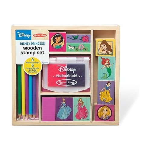  Melissa & Doug Disney Princess Wooden Stamp Set: 9 Stamps, 5 Colored Pencils, and 2-Color Stamp Pad With Washable Ink For Kids Ages 4+