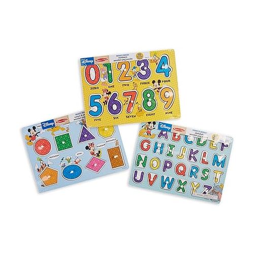  Melissa & Doug Disney Wooden Peg Puzzles Set: Letters, Numbers, and Shapes and Colors - Letters And Number Puzzles, Disney Puzzles, Wooden Puzzles For Toddlers And Kids Ages 3+, Multicolor