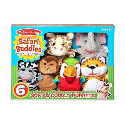  Melissa & Doug Safari Buddies Hand Puppets, Set of 6 (Elephant, Tiger, Parrot, Giraffe, Monkey, Zebra) - Soft, Plush Animal Hand Puppets For Toddlers And Kids Ages 2+ (Multicolor)