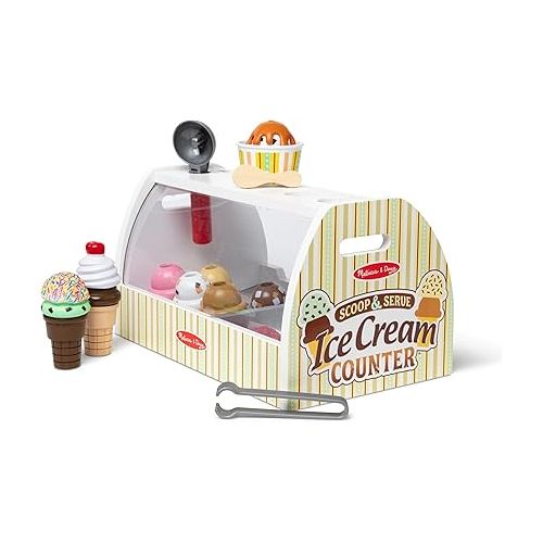  Melissa & Doug Wooden Scoop and Serve Ice Cream Counter (28 pcs) - Play Food and Accessories - Pretend Food Toys, Ice Cream Shop Toys For Kids Ages 3+