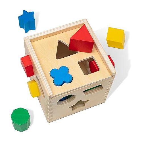  Melissa & Doug Shape Sorting Cube - Classic Wooden Toy With 12 Shapes - Kids Shape Sorter Toys For Toddlers Ages 2+