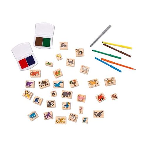  Melissa & Doug Deluxe Wooden Stamp Set: Animals - 30 Stamps, 6 Markers, 2 Stamp Pads - Kids Art Projects, With Washable Ink, Wooden Animal Stamps For Ages 4+