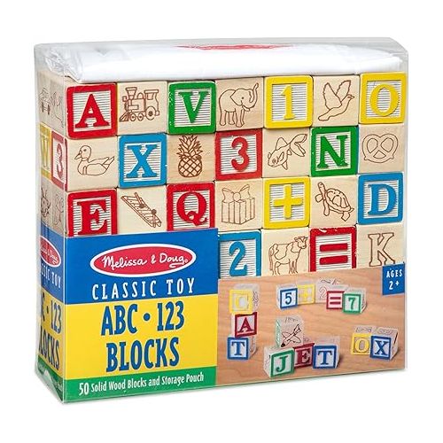  Melissa & Doug Deluxe ABC/123 1-Inch Blocks Set With Storage Pouch (50 pcs) - Letters And Numbers/ABC Classic Wooden Blocks For Toddlers And Kids Ages 2+