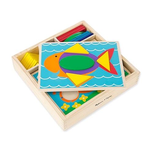  Melissa & Doug Beginner Wooden Pattern Blocks Educational Toy, 5 Double-Sided Scenes and 30 Shapes, 10.65” H x 10.65” W x 2.3” L (Beginning Skills and Activities)