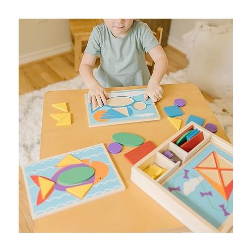  Melissa & Doug Beginner Wooden Pattern Blocks Educational Toy, 5 Double-Sided Scenes and 30 Shapes, 10.65” H x 10.65” W x 2.3” L (Beginning Skills and Activities)