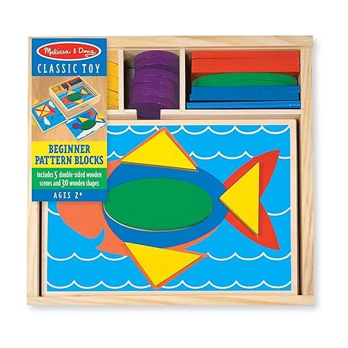  Melissa & Doug Beginner Wooden Pattern Blocks Educational Toy, 5 Double-Sided Scenes and 30 Shapes, 10.65” H x 10.65” W x 2.3” L (Beginning Skills and Activities)