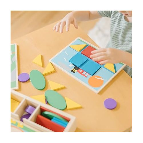 Melissa & Doug Beginner Wooden Pattern Blocks Educational Toy, 5 Double-Sided Scenes and 30 Shapes, 10.65” H x 10.65” W x 2.3” L (Beginning Skills and Activities)