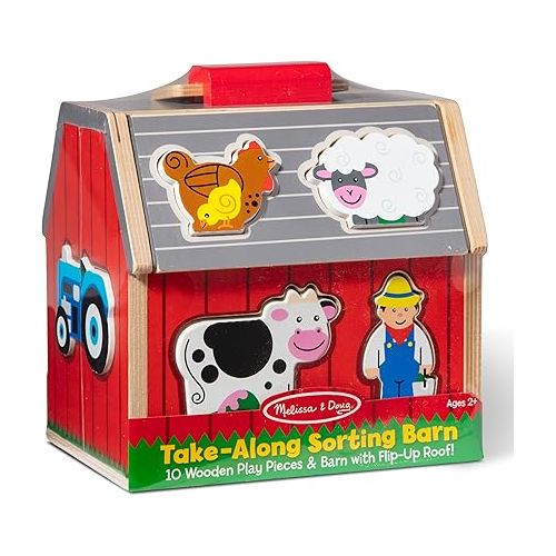  Melissa & Doug Wooden Take-Along Sorting Barn Toy with Flip-Up Roof and Handle, 10 Wooden Farm Play Pieces - Farm Toys, Shape Sorting And Stacking Learning Toys For Toddlers And Kids Ages 2+