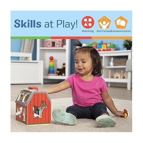  Melissa & Doug Wooden Take-Along Sorting Barn Toy with Flip-Up Roof and Handle, 10 Wooden Farm Play Pieces - Farm Toys, Shape Sorting And Stacking Learning Toys For Toddlers And Kids Ages 2+