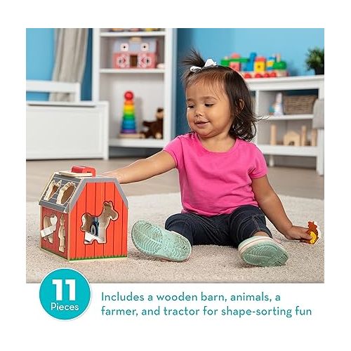  Melissa & Doug Wooden Take-Along Sorting Barn Toy with Flip-Up Roof and Handle, 10 Wooden Farm Play Pieces - Farm Toys, Shape Sorting And Stacking Learning Toys For Toddlers And Kids Ages 2+