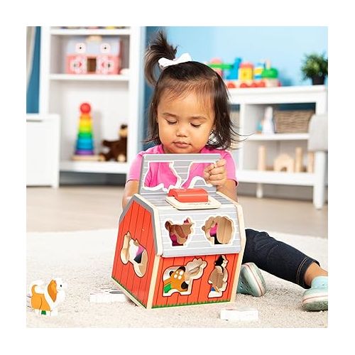  Melissa & Doug Wooden Take-Along Sorting Barn Toy with Flip-Up Roof and Handle, 10 Wooden Farm Play Pieces - Farm Toys, Shape Sorting And Stacking Learning Toys For Toddlers And Kids Ages 2+