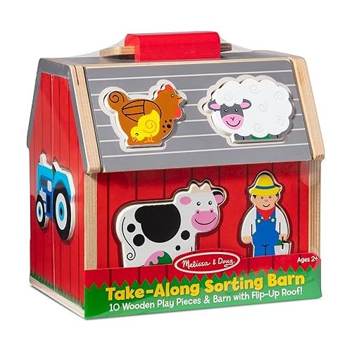  Melissa & Doug Wooden Take-Along Sorting Barn Toy with Flip-Up Roof and Handle, 10 Wooden Farm Play Pieces - Farm Toys, Shape Sorting And Stacking Learning Toys For Toddlers And Kids Ages 2+