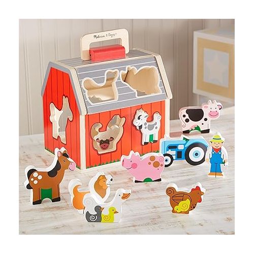 Melissa & Doug Wooden Take-Along Sorting Barn Toy with Flip-Up Roof and Handle, 10 Wooden Farm Play Pieces - Farm Toys, Shape Sorting And Stacking Learning Toys For Toddlers And Kids Ages 2+
