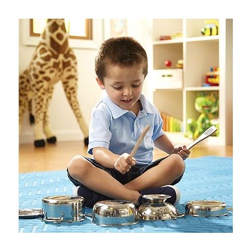  Melissa & Doug Stainless Steel Pots and Pans Pretend Play Kitchen Set for Kids (8 pcs) - Kids Kitchen Accessories Set, Toy Pots And Pans For Kids Kitchen, Cooking Toys For Kids Ages 3+