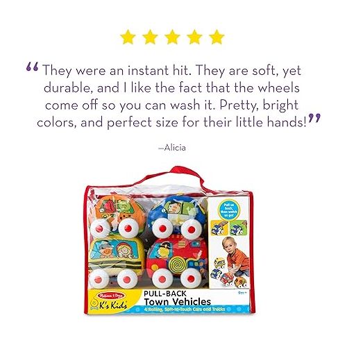  Melissa & Doug K's Kids Pull-Back Vehicle Set - Soft Baby Toy Set With 4 Cars and Trucks and Carrying Case - Pull Back Cars, Toys For Babies And Toddlers