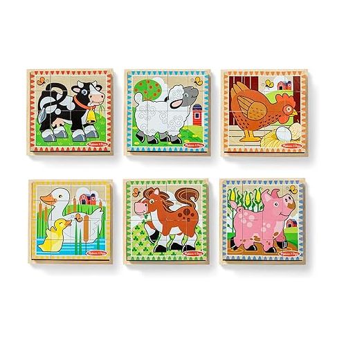  Melissa & Doug Farm Wooden Cube Puzzle With Storage Tray - 6 Puzzles in 1 (16 pcs) - FSC Certified