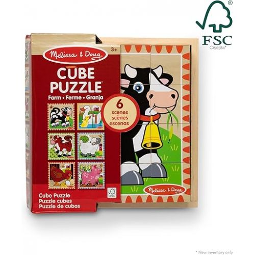  Melissa & Doug Farm Wooden Cube Puzzle With Storage Tray - 6 Puzzles in 1 (16 pcs) - FSC Certified