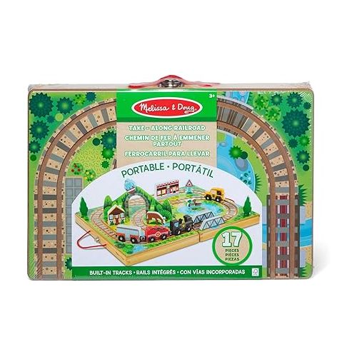  Melissa & Doug 17-Piece Wooden Take-Along Tabletop Railroad, 3 Trains, Truck, Play Pieces, Bridge - FSC Certified