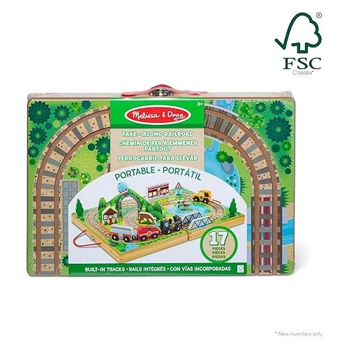  Melissa & Doug 17-Piece Wooden Take-Along Tabletop Railroad, 3 Trains, Truck, Play Pieces, Bridge - FSC Certified