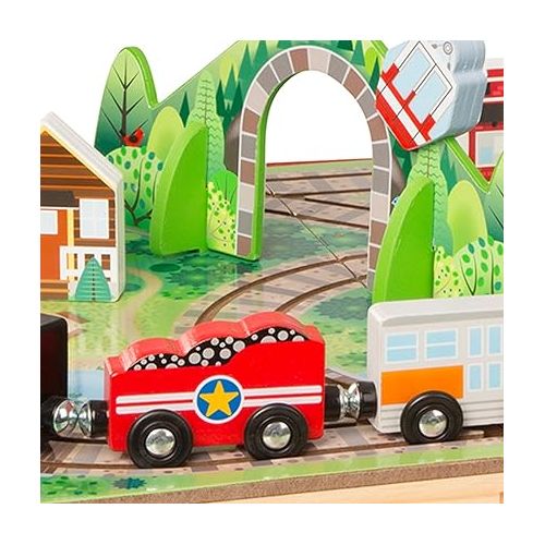  Melissa & Doug 17-Piece Wooden Take-Along Tabletop Railroad, 3 Trains, Truck, Play Pieces, Bridge - FSC Certified