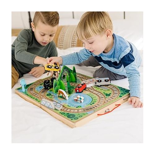  Melissa & Doug 17-Piece Wooden Take-Along Tabletop Railroad, 3 Trains, Truck, Play Pieces, Bridge - FSC Certified