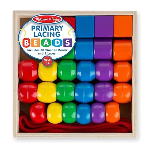  Melissa & Doug Primary Lacing Beads - Educational Toy With 30 Wooden Beads and 2 Laces - Beads For Toddlers, Fine Motor Skills Lacing Toys For Toddlers And Kids Ages 3+, 8inx8inx2in, Multi