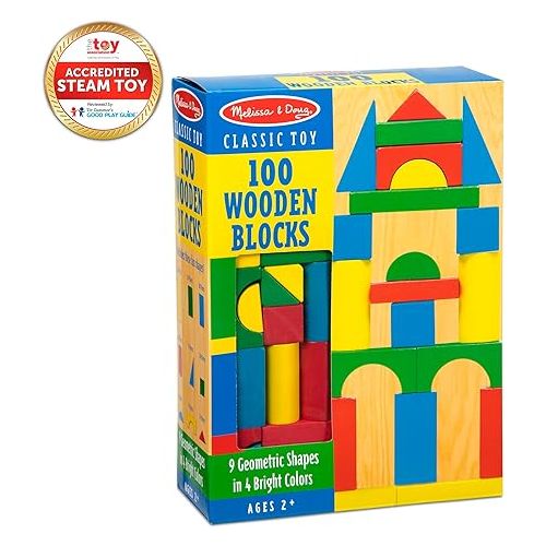  Melissa & Doug Wooden Building Blocks Set - 100 Blocks in 4 Colors and 9 Shapes - FSC Certified