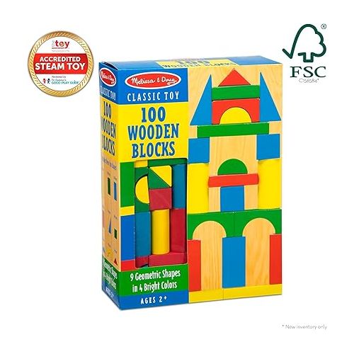  Melissa & Doug Wooden Building Blocks Set - 100 Blocks in 4 Colors and 9 Shapes - FSC Certified