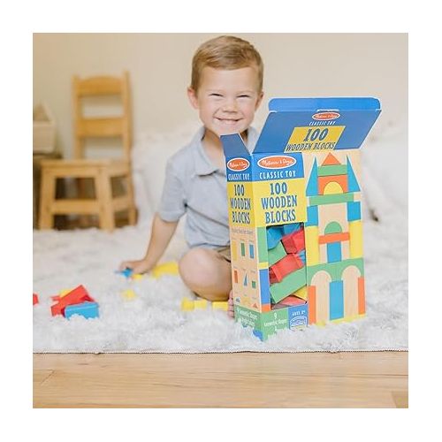  Melissa & Doug Wooden Building Blocks Set - 100 Blocks in 4 Colors and 9 Shapes - FSC Certified