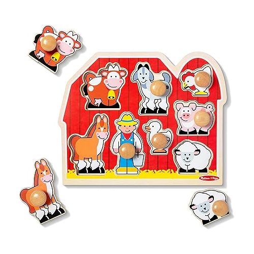  Melissa & Doug Farm Animals Jumbo Knob Wooden Puzzle - Wooden Peg Chunky Baby Puzzle, Preschoool Learning, Knob Puzzle Board For Toddlers Ages 1+