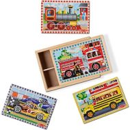 Melissa & Doug Vehicles 4-in-1 Wooden Jigsaw Puzzles in a Storage Box (48 pcs) - Toddler , Fire Truck Puzzles For Kids Ages 3+[Design may vary], 7.75 x 5.7 x 2.5