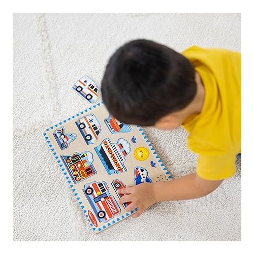  Melissa & Doug Vehicles Sound Puzzle - Wooden Peg Puzzle With Sound Effects (8 pcs) - Sound Puzzles for Toddlers, Wooden Puzzles For Kids Ages 2+, Multicolor, 11.95 x 8.8 x 1.05