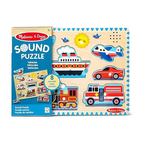  Melissa & Doug Vehicles Sound Puzzle - Wooden Peg Puzzle With Sound Effects (8 pcs) - Sound Puzzles for Toddlers, Wooden Puzzles For Kids Ages 2+, Multicolor, 11.95 x 8.8 x 1.05