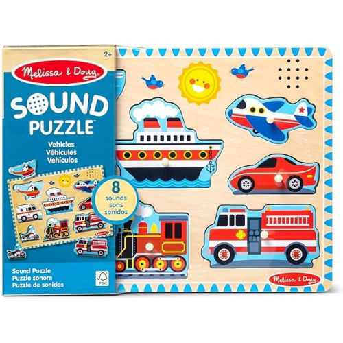  Melissa & Doug Vehicles Sound Puzzle - Wooden Peg Puzzle With Sound Effects (8 pcs) - Sound Puzzles for Toddlers, Wooden Puzzles For Kids Ages 2+, Multicolor, 11.95 x 8.8 x 1.05