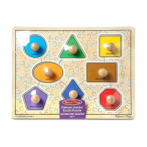 Melissa & Doug Deluxe Jumbo Knob Wooden Puzzle - Geometric Shapes (8 pcs) - Wooden Peg Chunky Baby Puzzle, Preschool Learning Puzzle, Wooden Puzzle Board For Toddlers Ages 1+