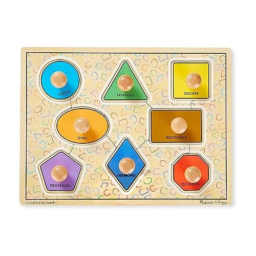  Melissa & Doug Deluxe Jumbo Knob Wooden Puzzle - Geometric Shapes (8 pcs) - Wooden Peg Chunky Baby Puzzle, Preschool Learning Puzzle, Wooden Puzzle Board For Toddlers Ages 1+