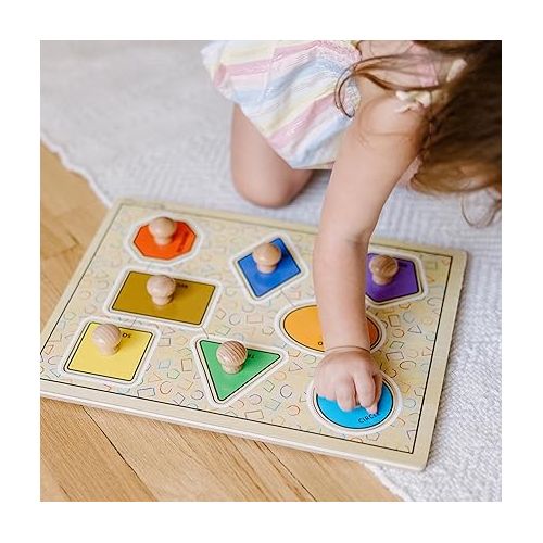  Melissa & Doug Deluxe Jumbo Knob Wooden Puzzle - Geometric Shapes (8 pcs) - Wooden Peg Chunky Baby Puzzle, Preschool Learning Puzzle, Wooden Puzzle Board For Toddlers Ages 1+