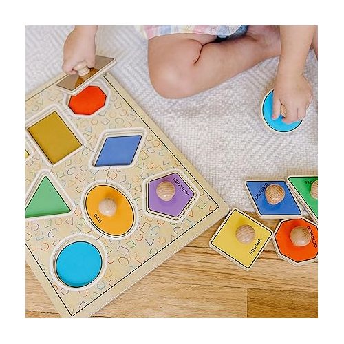  Melissa & Doug Deluxe Jumbo Knob Wooden Puzzle - Geometric Shapes (8 pcs) - Wooden Peg Chunky Baby Puzzle, Preschool Learning Puzzle, Wooden Puzzle Board For Toddlers Ages 1+