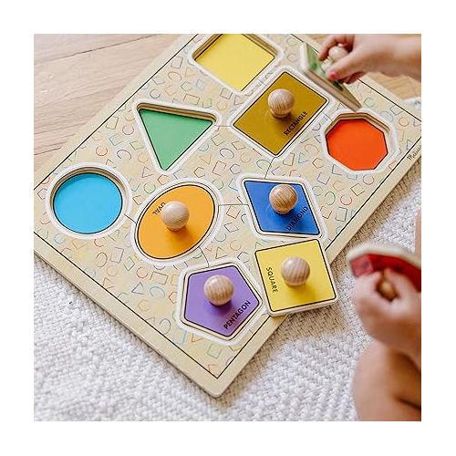  Melissa & Doug Deluxe Jumbo Knob Wooden Puzzle - Geometric Shapes (8 pcs) - Wooden Peg Chunky Baby Puzzle, Preschool Learning Puzzle, Wooden Puzzle Board For Toddlers Ages 1+