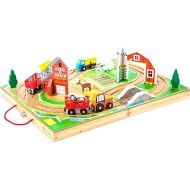 Melissa & Doug 17-Piece Wooden Tabletop Farm Playset With 4 Vehicles, Grain House & Play Pieces - Pretend Barnyard Toy For Toddlers Ages 1+