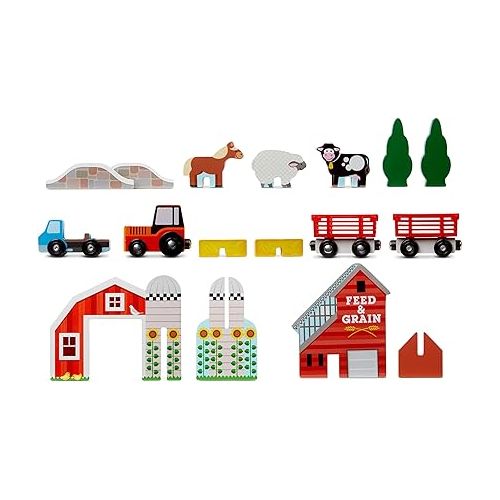  Melissa & Doug 17-Piece Wooden Tabletop Farm Playset With 4 Vehicles, Grain House & Play Pieces - Pretend Barnyard Toy For Toddlers Ages 1+