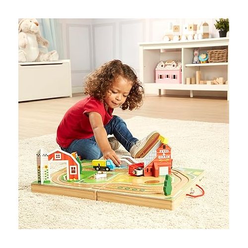  Melissa & Doug 17-Piece Wooden Tabletop Farm Playset With 4 Vehicles, Grain House & Play Pieces - Pretend Barnyard Toy For Toddlers Ages 1+