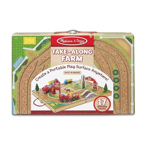  Melissa & Doug 17-Piece Wooden Tabletop Farm Playset With 4 Vehicles, Grain House & Play Pieces - Pretend Barnyard Toy For Toddlers Ages 1+