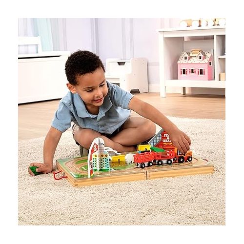  Melissa & Doug 17-Piece Wooden Tabletop Farm Playset With 4 Vehicles, Grain House & Play Pieces - Pretend Barnyard Toy For Toddlers Ages 1+
