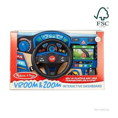 Melissa & Doug Vroom & Zoom Interactive Wooden Dashboard Steering Wheel Pretend Play Driving Toy - FSC Certified