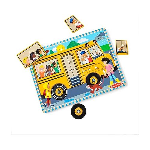  Melissa & Doug The Wheels on the Bus Sound Puzzle - School Bus Puzzle, Wooden Puzzle For Kids and Toddlers Ages 2+