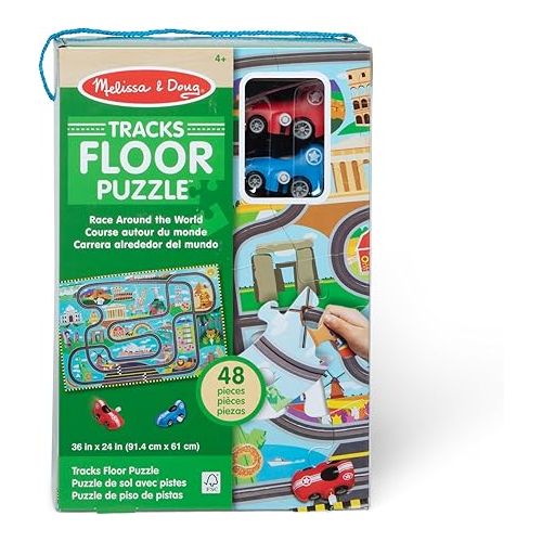  Melissa & Doug Race Around the World Tracks Cardboard Jigsaw Floor Puzzle and Wind-Up Vehicles - 48 Pieces, for Boys and Girls 4+ - FSC Certified