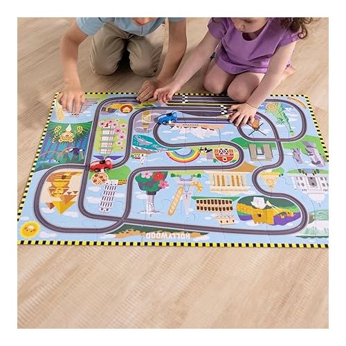  Melissa & Doug Race Around the World Tracks Cardboard Jigsaw Floor Puzzle and Wind-Up Vehicles - 48 Pieces, for Boys and Girls 4+ - FSC Certified