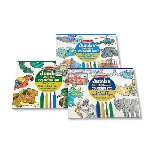  Melissa & Doug Jumbo 50-Page Kids' Coloring Pads 3-Pack - Animals, Vehicles, and Multi-Themed - FSC Certified